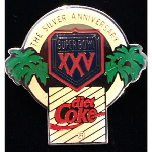 Super Bowl 25 Diet Coke Souvenir Enamel Lapel Pin NFL Football Silver Anniversar